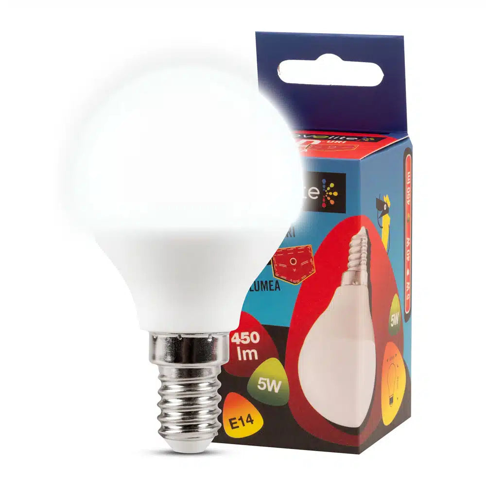 Bec sferic LED 5W E14 6400K (lumină rece), Novelite
