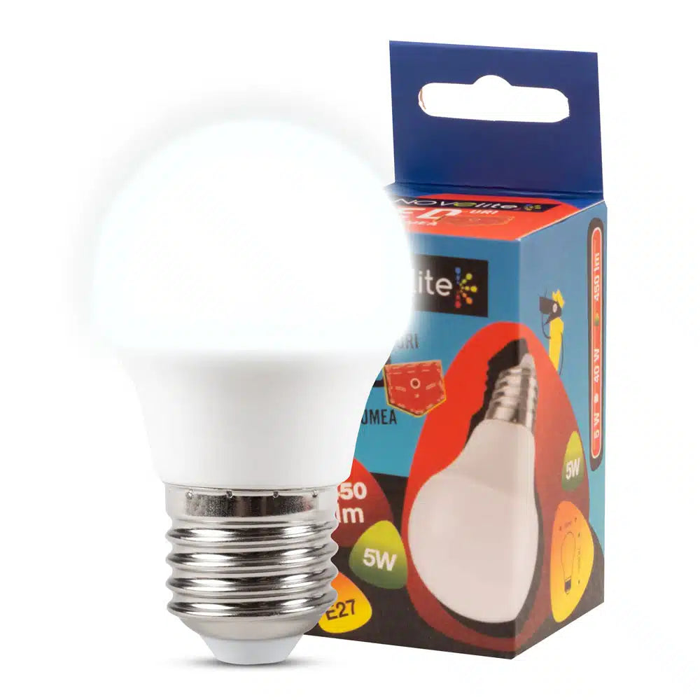 Bec sferic LED 5W E27 6400K (lumină rece), Novelite