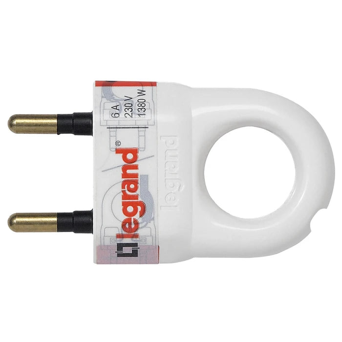Ștecher plat 2P 6A 230V IP20 cu inel de extracție, alb, Legrand