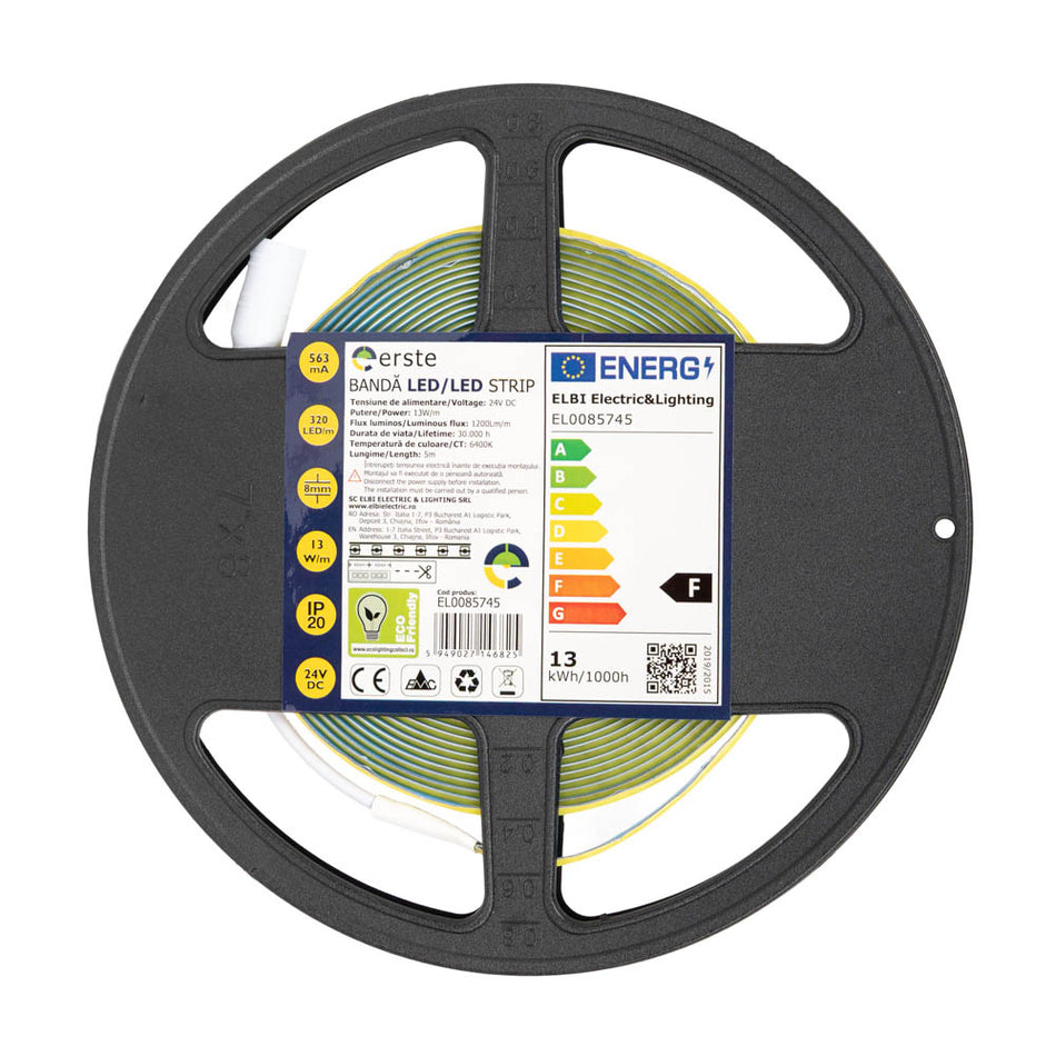 Bandă LED 24V COB 13W/m 6400K IP20 5m, Erste