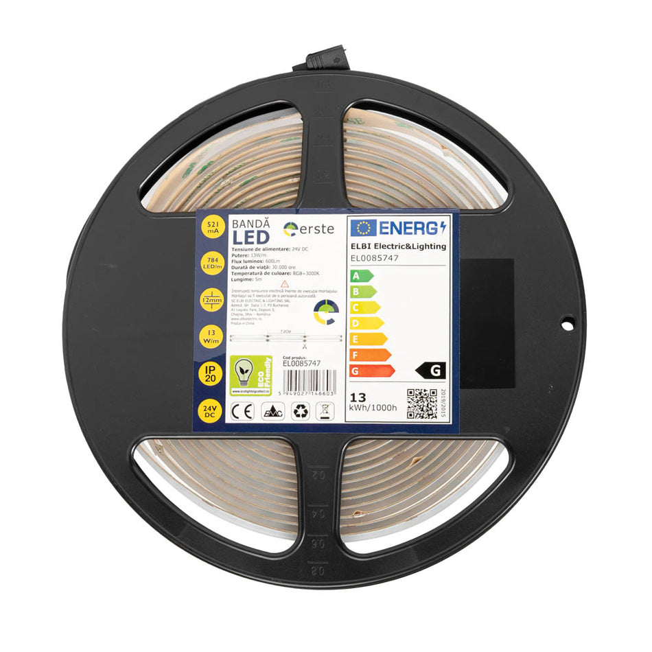 Bandă LED 24V COB 13W/m RGB+3000K IP20 5m, Erste