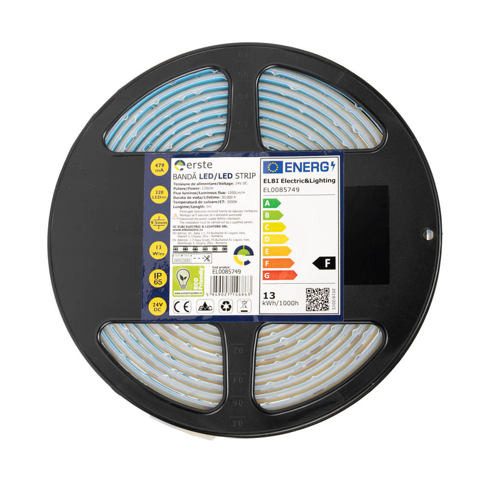 Bandă LED 24V COB 13W/m 3000K IP65 5m, Erste