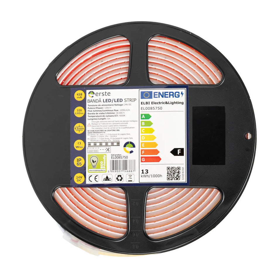 Bandă LED 24V COB 13W/m 4000K IP65 5m, Erste