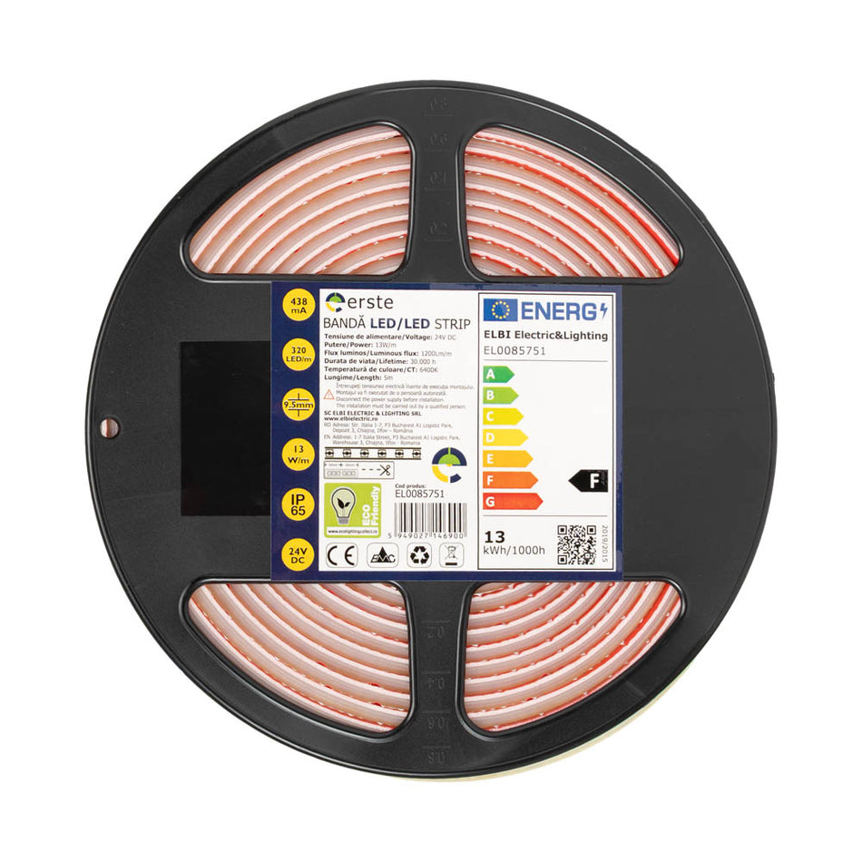 Bandă LED 24V COB 13W/m 6400K IP65 5m, Erste
