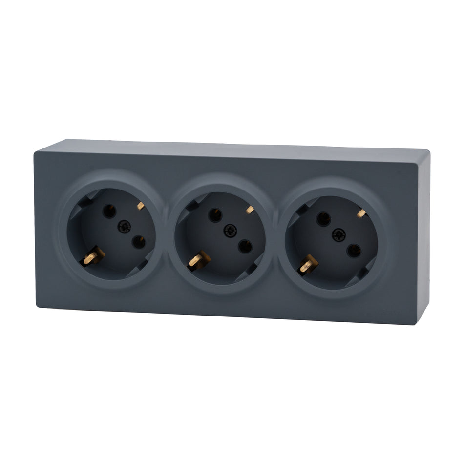 Priză triplă Schuko aplicată 16A gri grafit, gama Leto