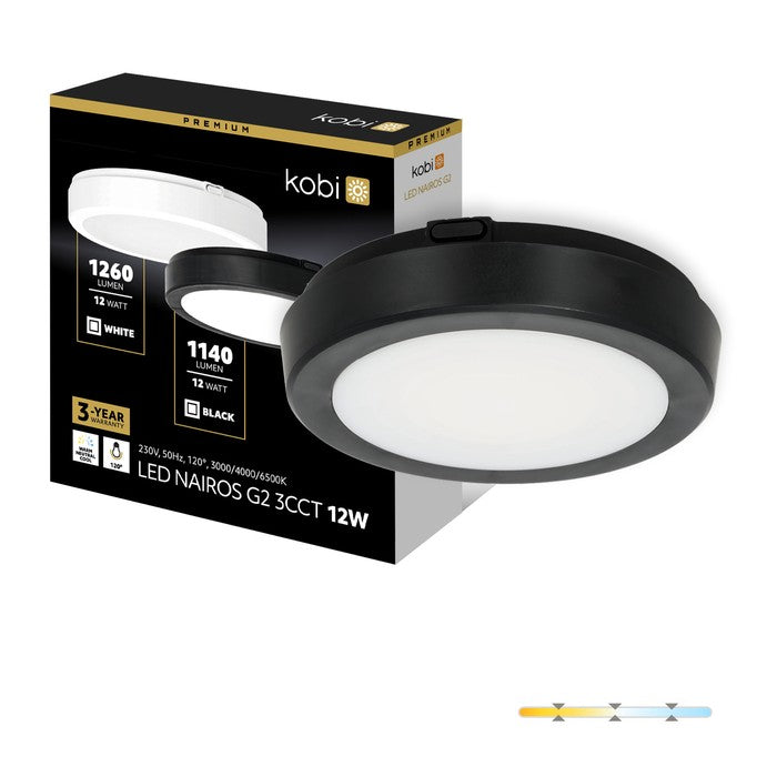 Plafonieră etanșă LED 12W 3CCT IP65 negru NAIROS G2, Kobi