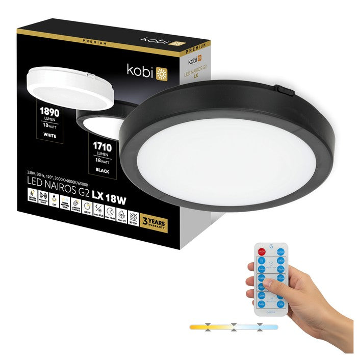 Plafonieră LED etanșă cu senzor 18W 3CCT IP65 negru LX NAIROS G2, Kobi