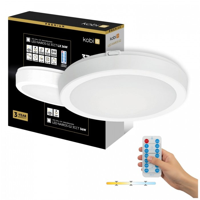 Plafonieră LED etanșă cu senzor 36W 3CCT IP65 alb LX NAIROS G2, Kobi