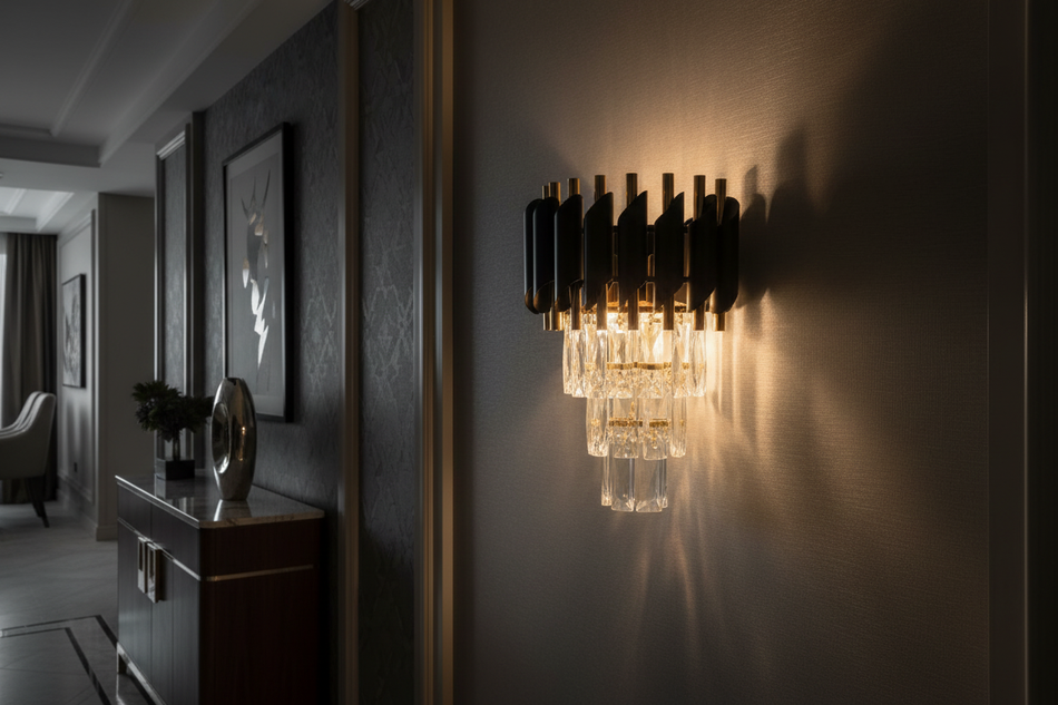 Aplică decorativă cristal negru în context interior elegant