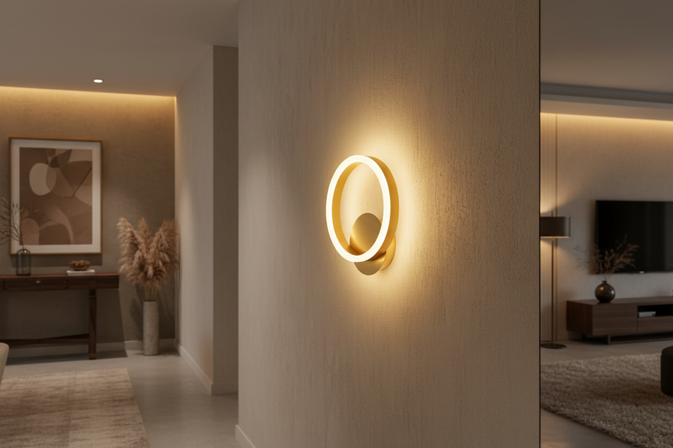 Aplică LED Aura auriu în context interior elegant