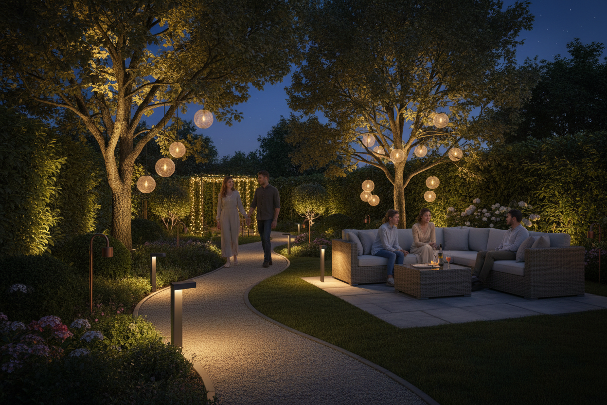 Generează o imagine pentru slideul 2 cu tema iluminat gradină. Adaugă și personaje umane și nu pune texte