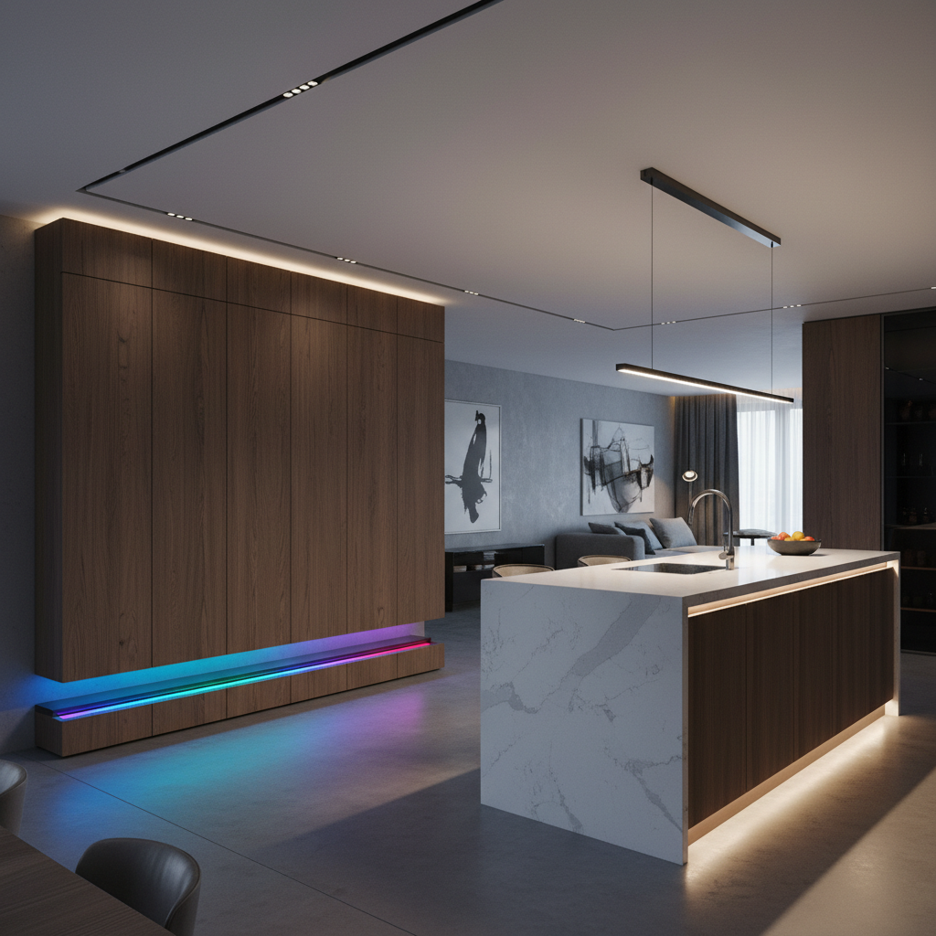 Bandă LED COB RGBW 24V instalată în mobilier și iluminat arhitectural premium